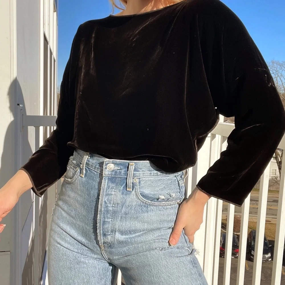 Zoran Velvet Top Vintage Silk Chocolate Brown Dolman Sleeve Boatneck Blouse - Picture 9 of 9